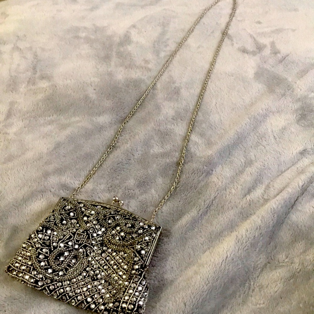 La Regale Silver Beaded Clutch- removable strap